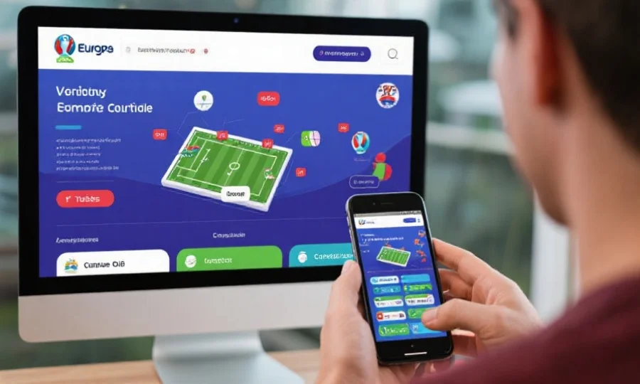 用户在电脑和手机上参与欧洲杯线上活动,界面上显示竞猜、任务和社区交流版块